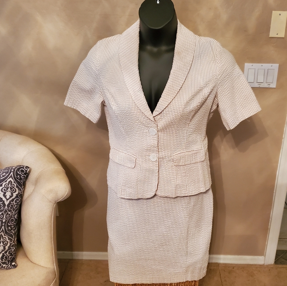 2pc Beige & White Seersuck Suit